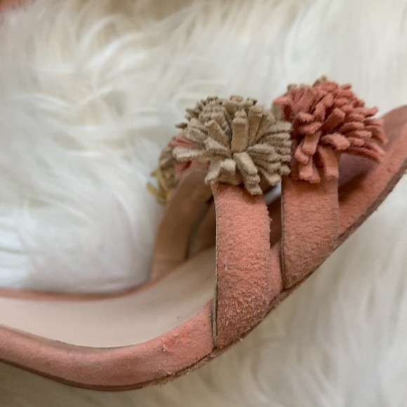 Loeffler Randal Layla Blush Pink Suede Block Heel Ankle Strap Pom Sandals Sz 6.5 - Picture 10 of 14